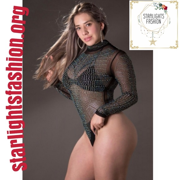 Black Mesh Silver Studded Mock Neck Bodysuit - Picture 3 of 5